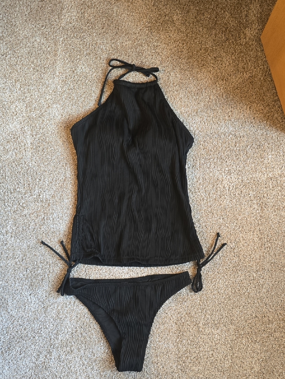 SHEIN Black Ribbed Halter Tankini Bikini Set